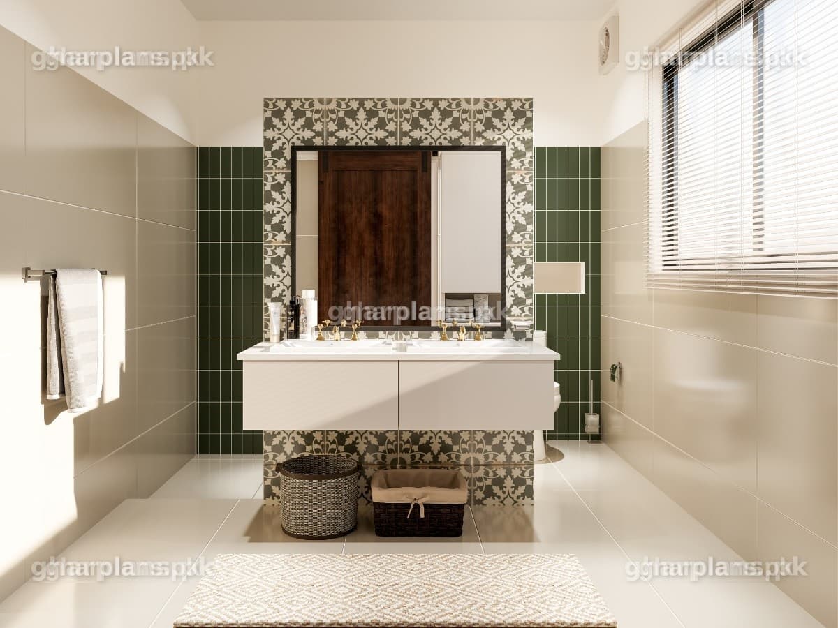 Pakistani Bathroom Design with Green Tile Accent Wall