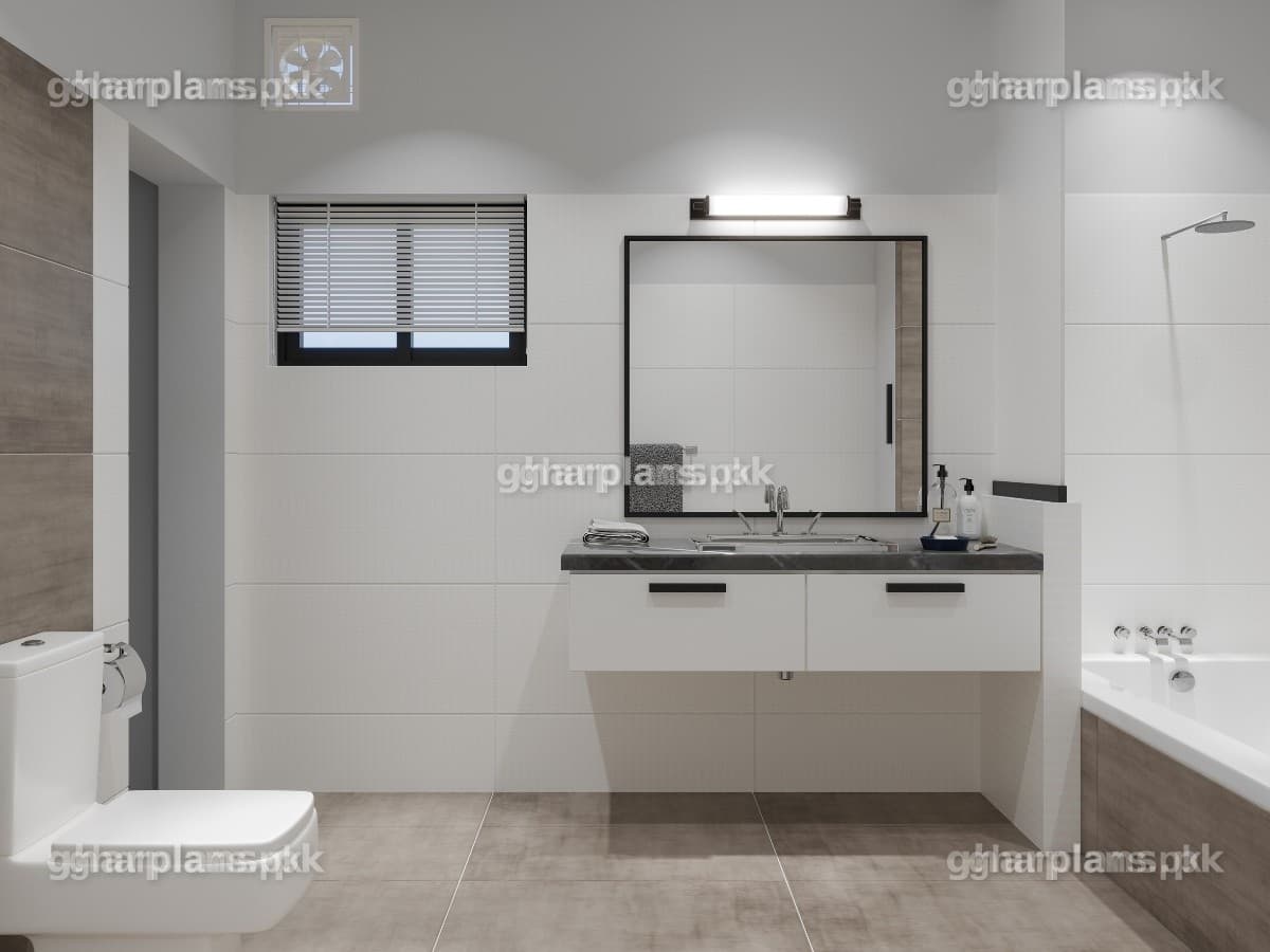White Minimalistic Bathroom Design with Bathtub in Pakistan
