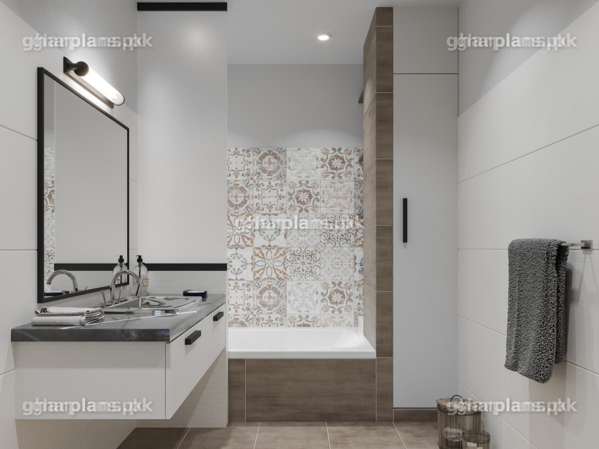 White Minimalistic Bathroom Design with Bathtub in Pakistan