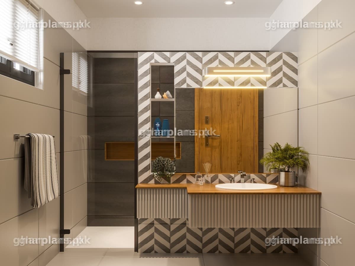 Pakistani Bathroom Design with Wooden Vanity and Grey Wall Tiles