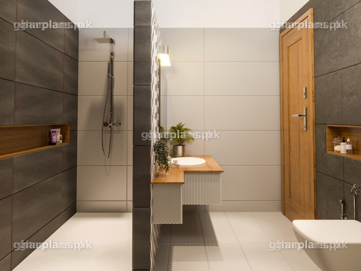 Pakistani Bathroom Design with Wooden Vanity and Grey Wall Tiles