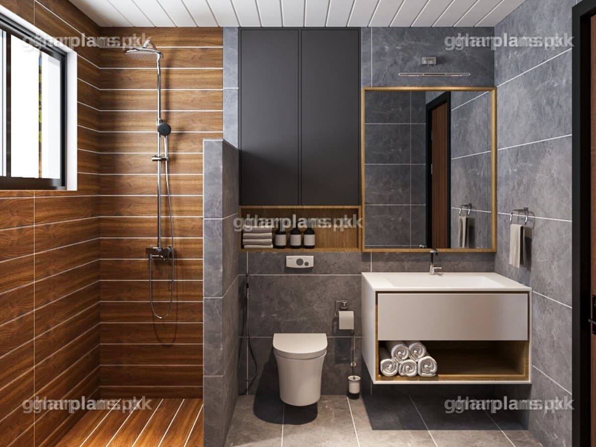 Bathroom with Grey and Wood-Like Effect Porcelain Tiles Design