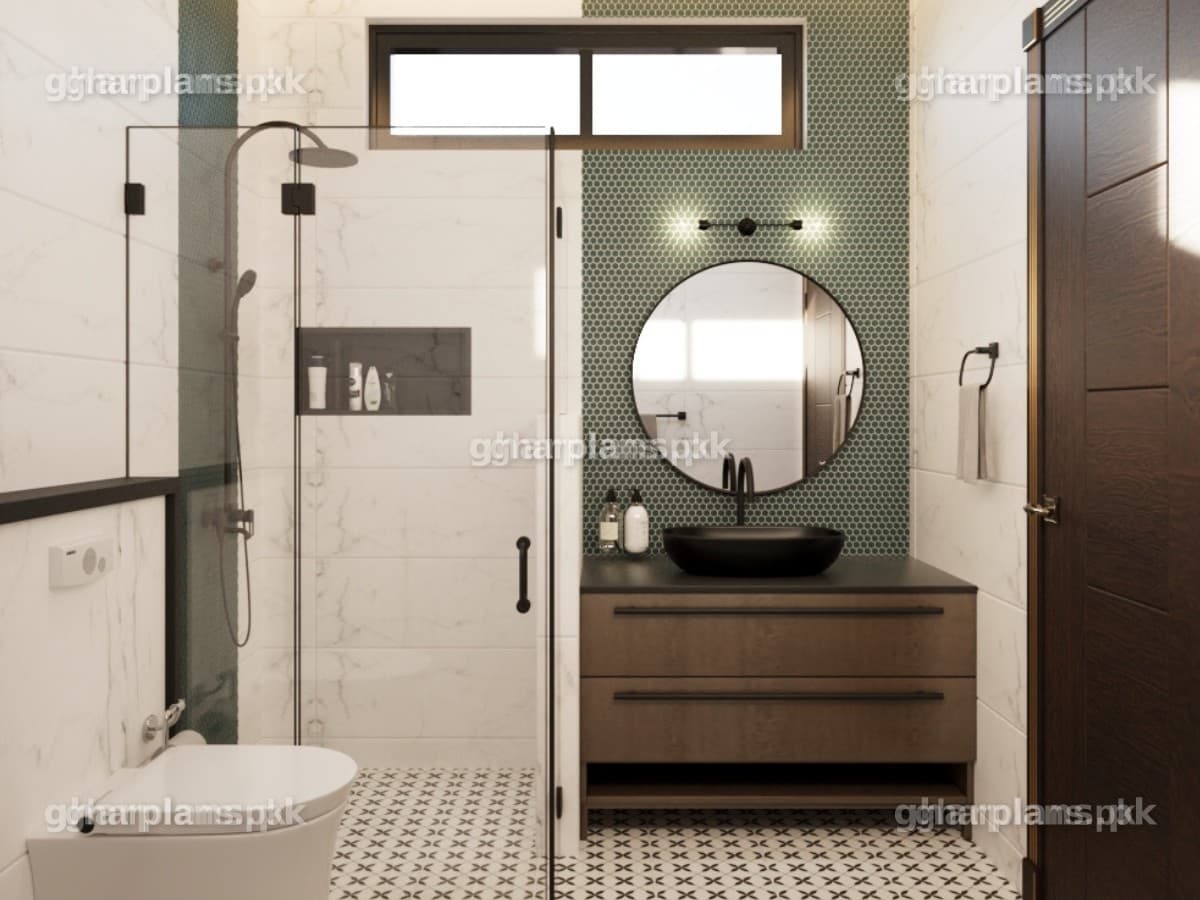Modern White and Green Ceramic Tile Bathroom Design