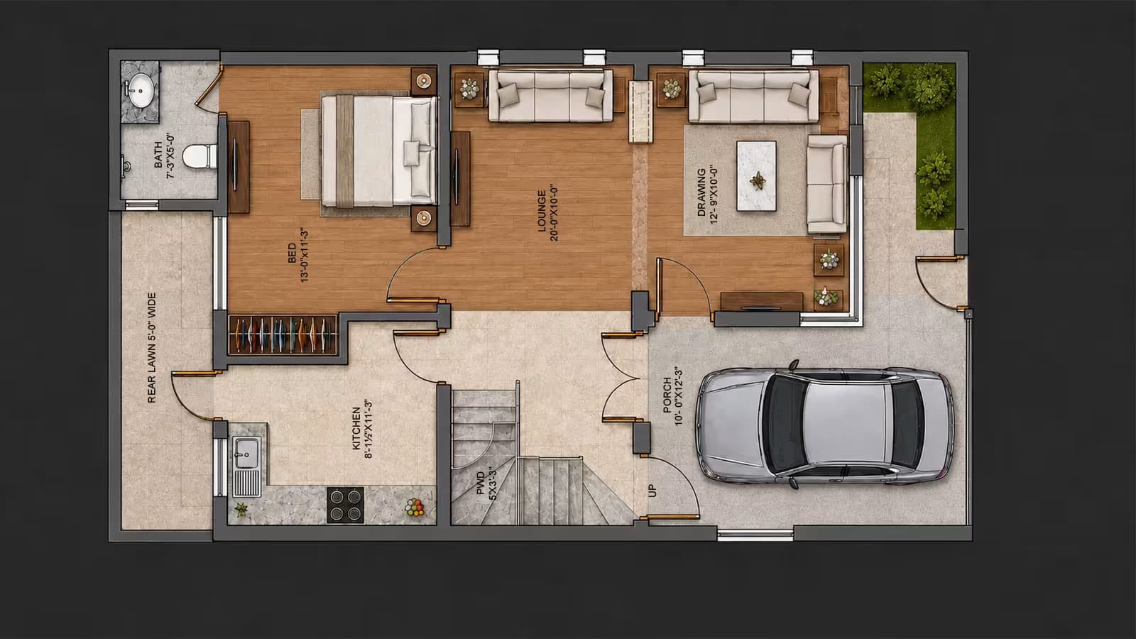 Ground floor plan of a 5 marla home design showing 1 bedroom, drawing room, lounge, kitchen and car porch