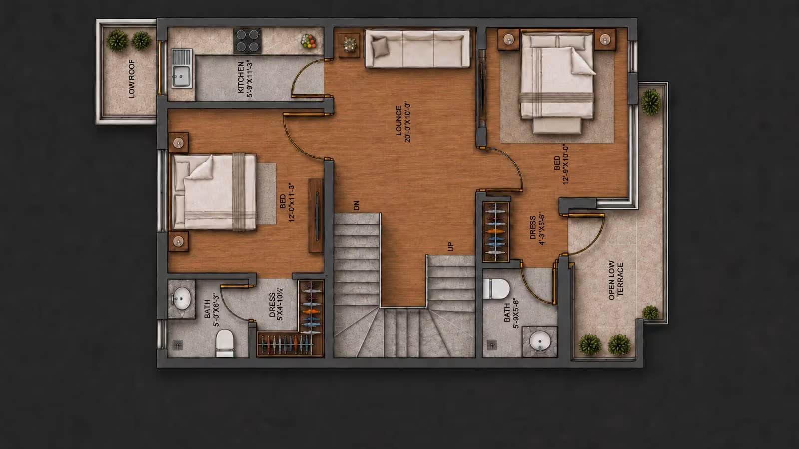 First floor plan of a 5 marla home design showing 2 bedrooms, a second kitchen and lounge