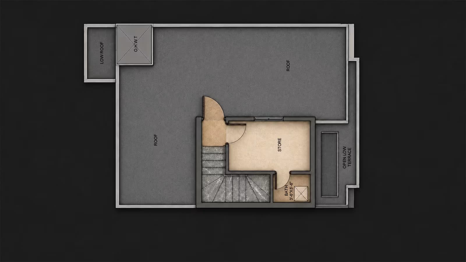 Mumty and roof plan of a 5 marla home design showing a store room and open roof terrace