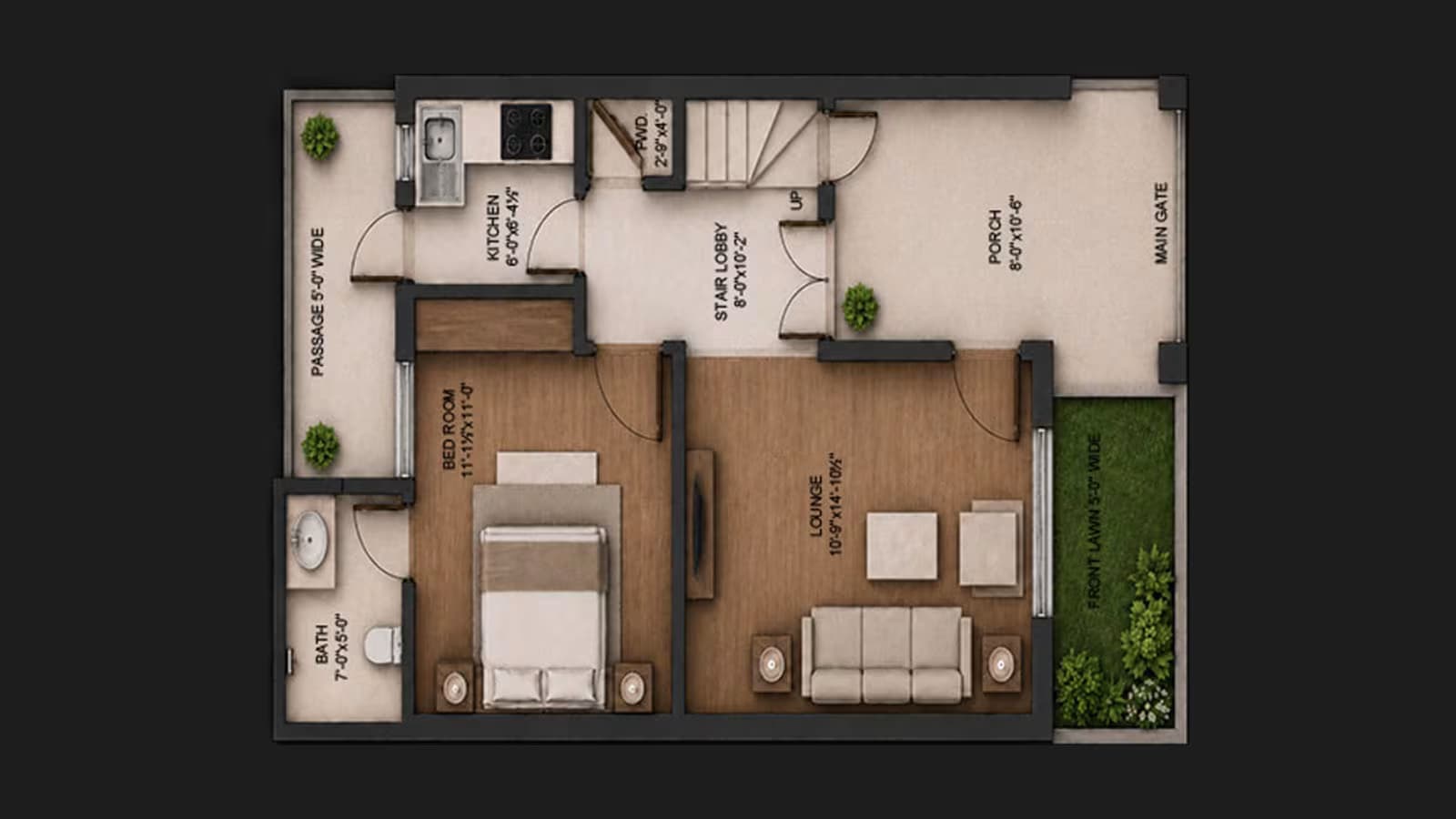 Ground floor plan of a 3.5 marla house showing 1 bedroom, lounge, kitchen and porch