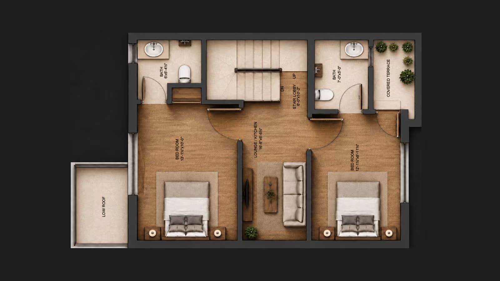 First floor plan of a 3.5 marla house showing 2 bedrooms, a combined lounge/kitchen and covered terrace