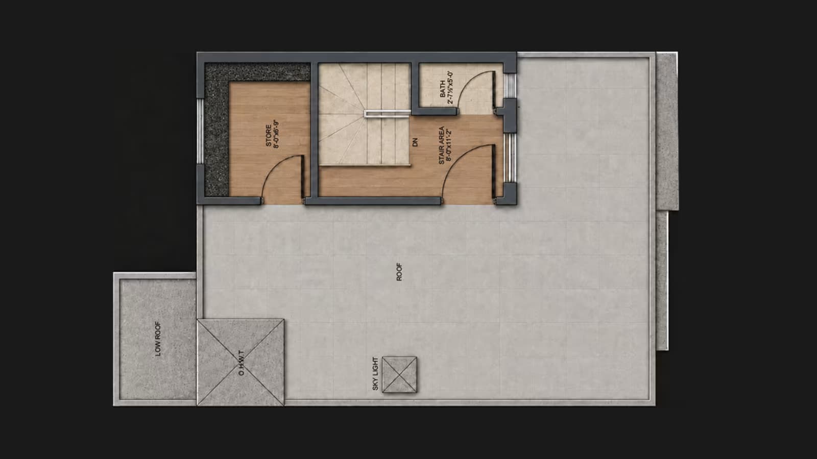 Mumty and roof plan of a 3.5 marla double storey house showing a store, stair area and open roof terrace