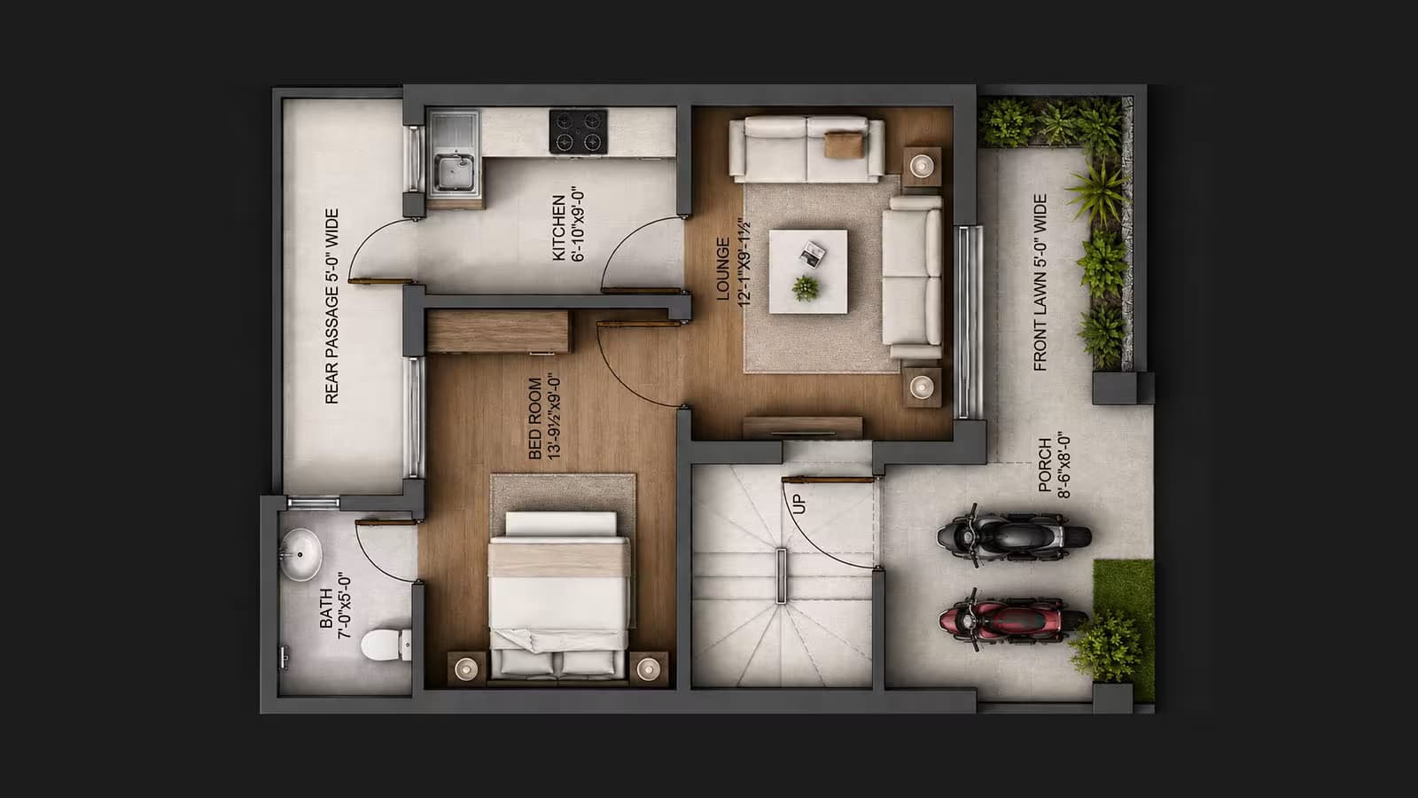 Ground floor plan of a 3 marla house showing 1 bedroom, lounge, kitchen and motorcycle porch