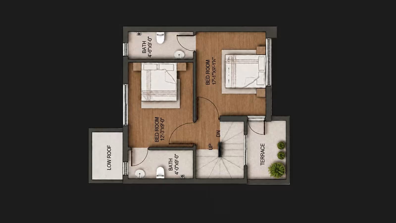 First floor plan of a 3 marla house showing 2 bedrooms and a front terrace