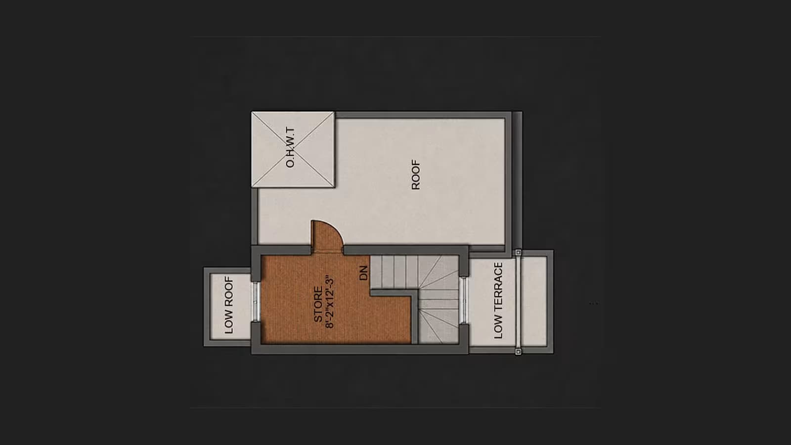 Mumty and roof plan of a 3 marla double storey house showing a store room and open roof terrace