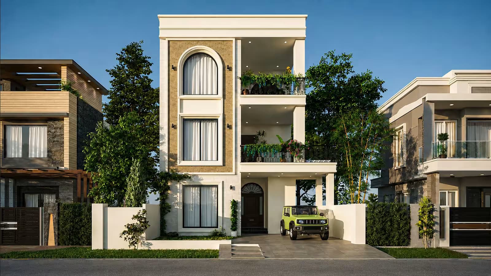 Ten marla, 6 bedroom triple storey house design front elevation – Ghar Plans