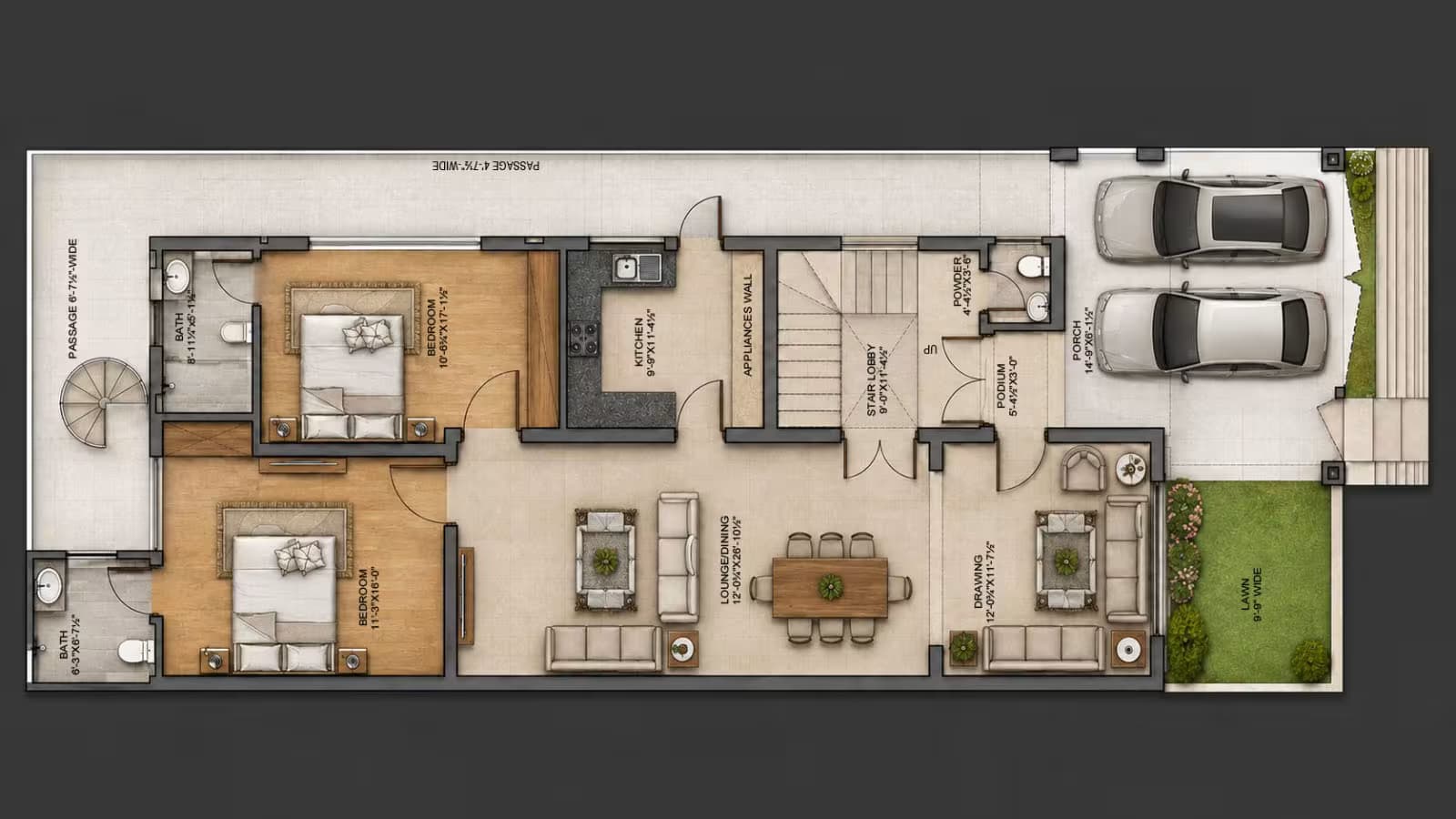 Ground floor plan of a ten marla, 6 bedroom house showing 2 bedrooms, drawing room, lounge/dining and powder room