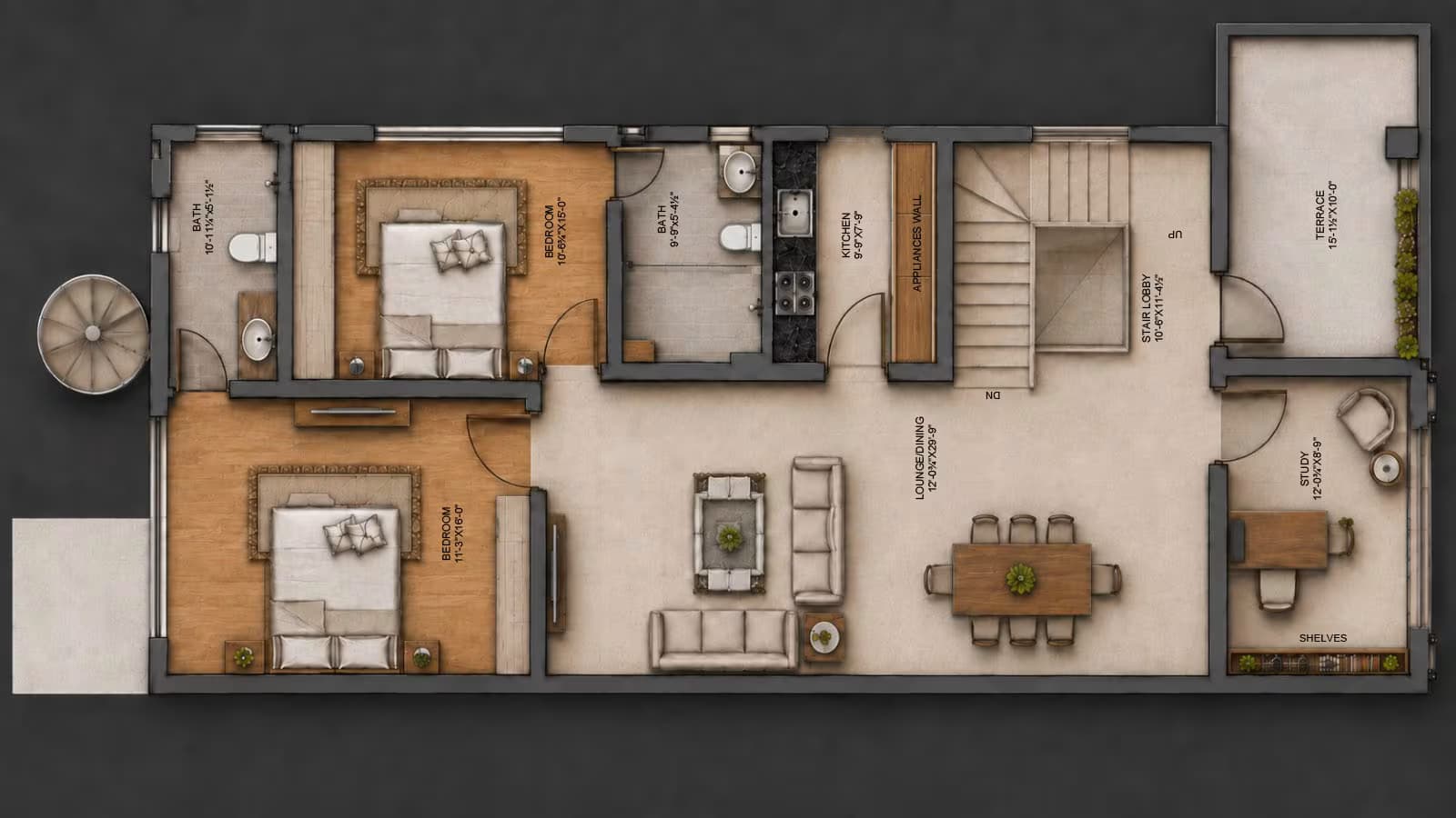 First floor plan of a ten marla, 6 bedroom house showing 2 bedrooms, kitchen, study and terrace