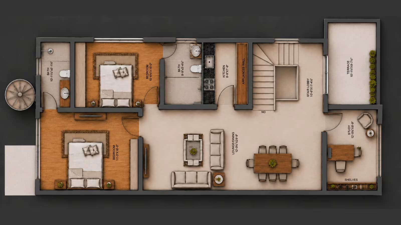 Second floor plan of a ten marla, 6 bedroom house showing 2 bedrooms, kitchen, study and terrace