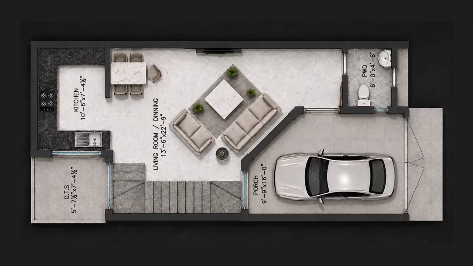 Ground floor plan of a 2000 sq ft, 4 bedroom house showing lounge, kitchen, powder room and OTS