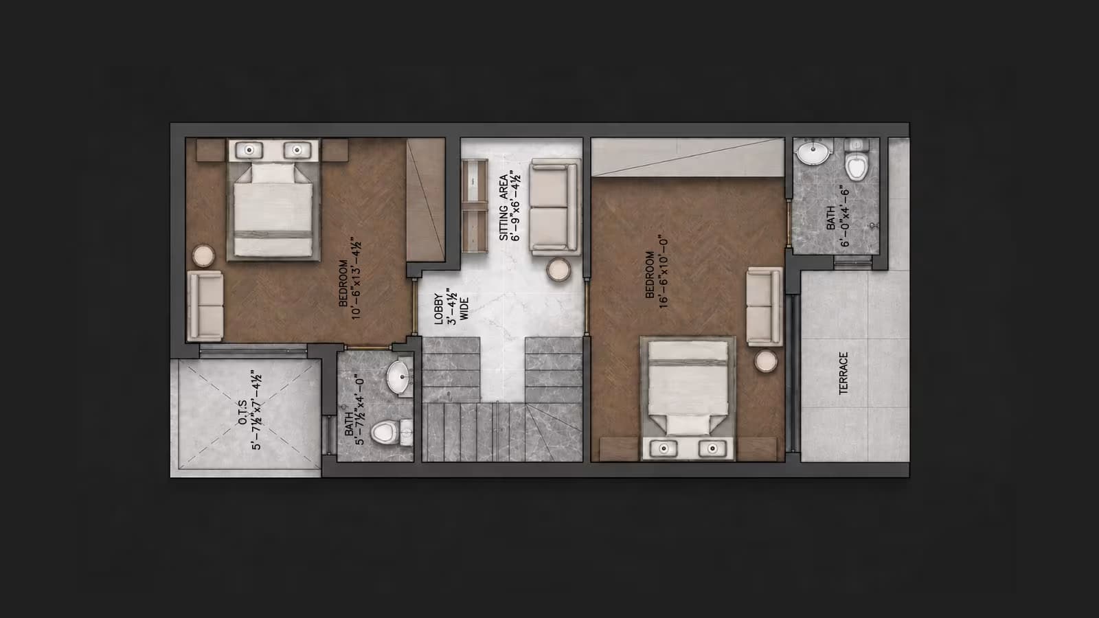 First floor plan of a 4 bedroom house with 2 bedrooms, lobby and kitchenette