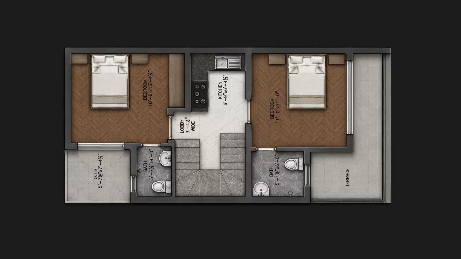 Second floor plan of a 4 bedroom house with 2 bedrooms, lobby and kitchenette, matching the first floor