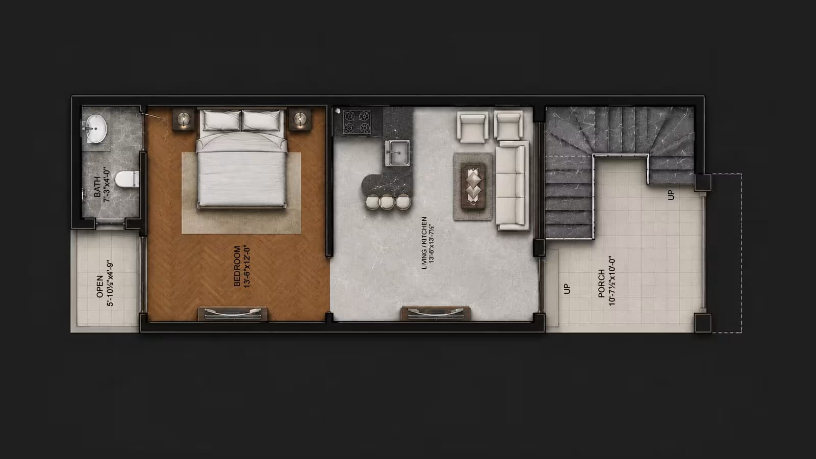 Ground floor plan of a 15x45, 3 marla single storey house showing 1 bedroom, open living/kitchen and covered car porch