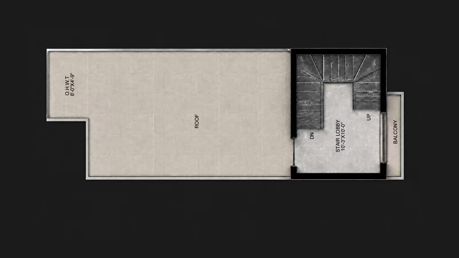 Roof plan of a 15x45 single storey house showing a covered stair lobby, water tank space and open terrace