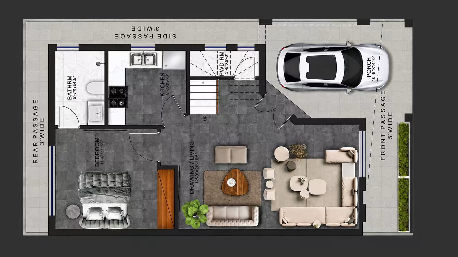 Ground floor plan of a 5 marla house naksha showing living area, dining area and separate kitchen
