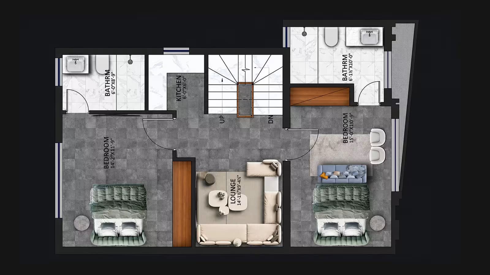 First floor plan of a 5 marla house naksha showing 3 bedrooms with attached bathrooms and a balcony