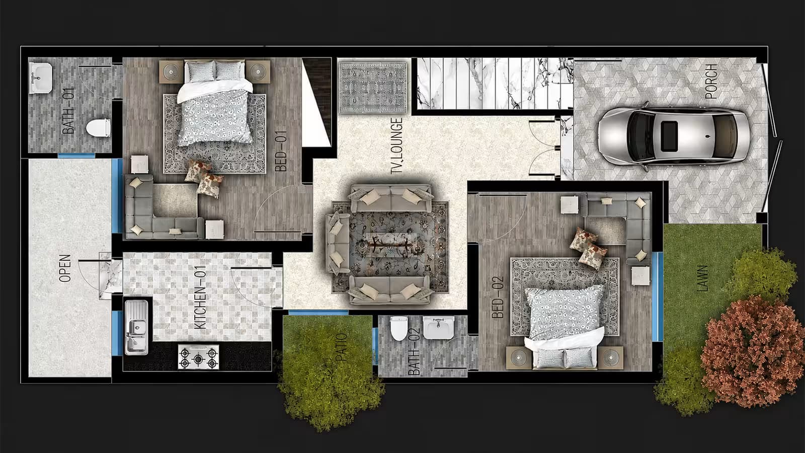 Ground floor layout plan of a 5 marla double story house showing living room, independent drawing room and kitchen