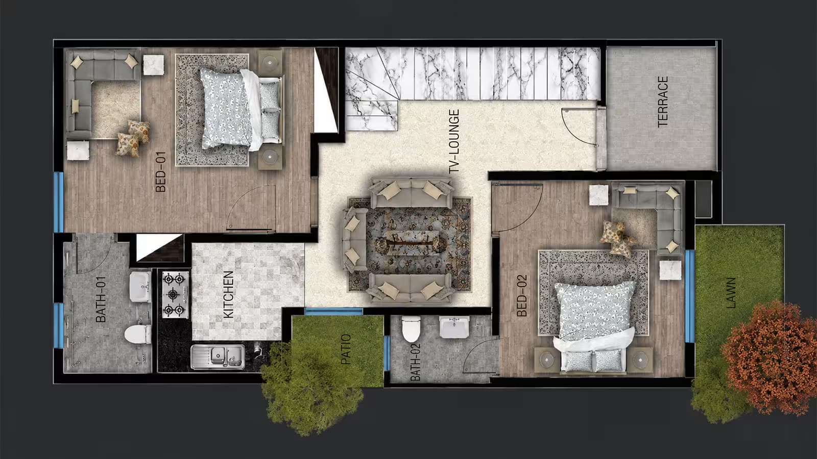 First floor layout plan of a 5 marla double story house showing 3 bedrooms with attached bathrooms, a terrace and a second kitchen