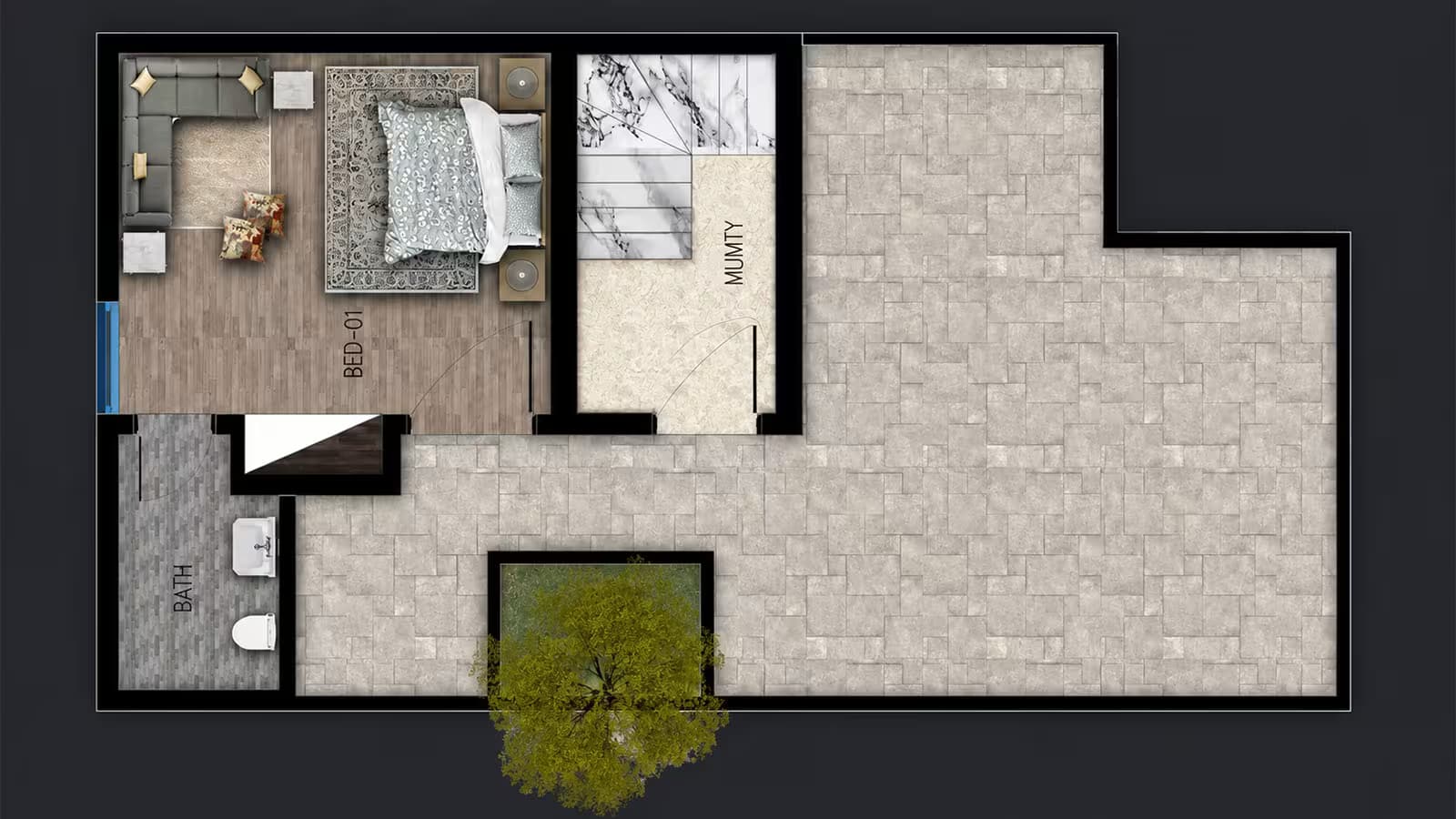 Mumty floor layout plan of a 5 marla double story house showing 1 bedroom with attached bathroom, a stair lobby and a roof.