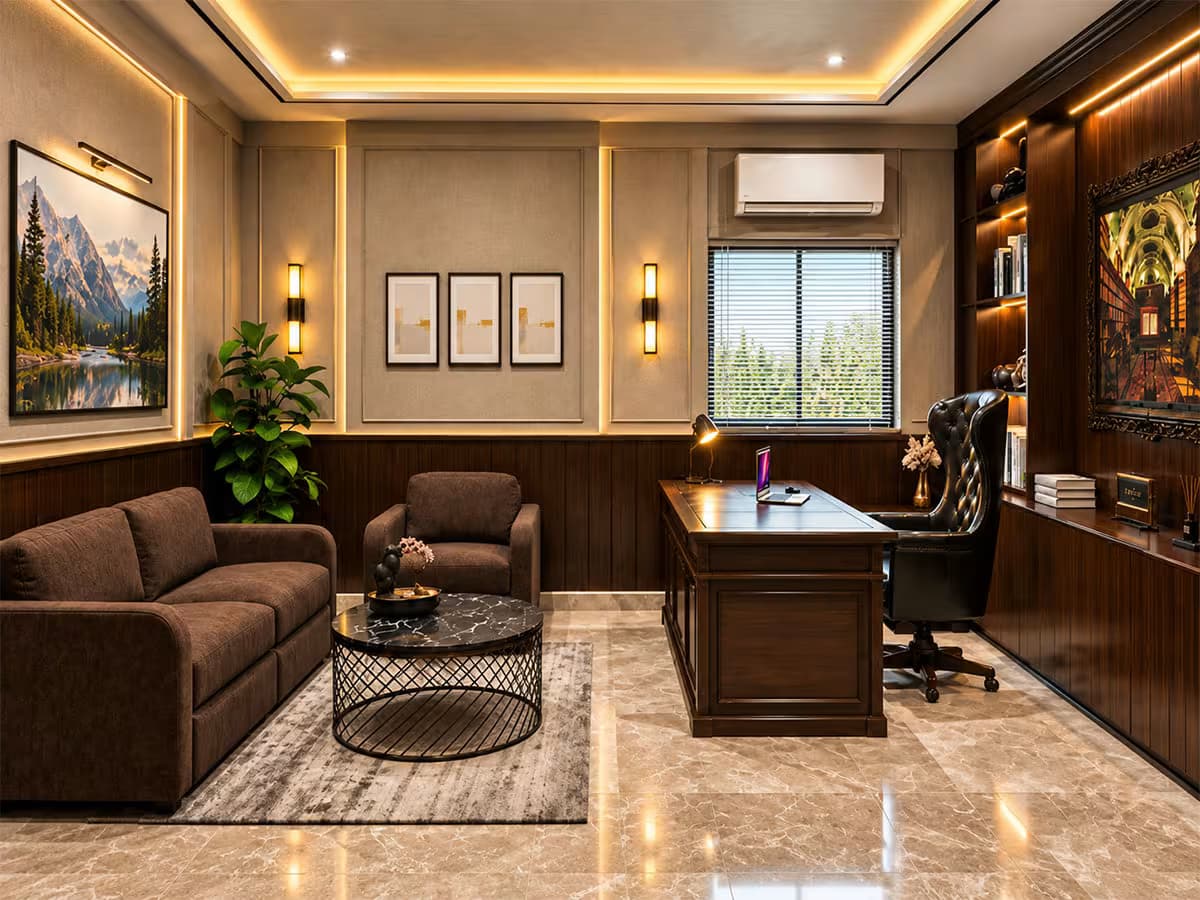 Modern luxury executive office interior featuring rich wooden wall paneling, a premium wooden desk, black leather executive chair, brown visitor seating, marble flooring, warm LED lighting, built-in shelves, indoor plants, and elegant wall artwork.