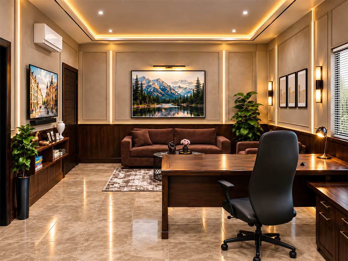 Modern luxury executive office featuring a large wooden desk, black office chair, brown sofa seating, marble flooring, warm LED ceiling and wall lighting, wooden wall paneling, indoor plants, framed artwork, and a bright contemporary interior.