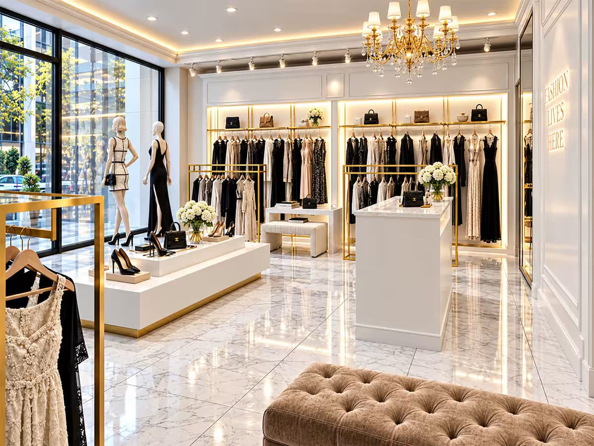Modern classical luxury women’s boutique interior featuring white and gold finishes, marble flooring, crystal chandelier, elegant clothing racks, mannequins, handbags, shoes, warm display lighting, and large glass storefront windows.