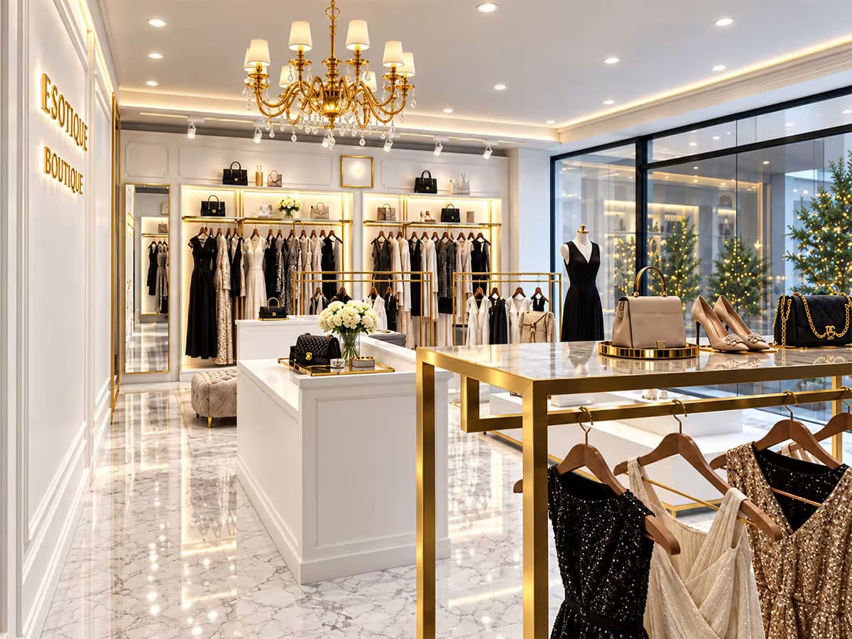 Modern classical luxury women’s fashion boutique interior with white and gold finishes, marble flooring, crystal chandelier, elegant clothing racks, mannequins, handbags, high heels, warm display lighting, and large glass storefront windows.