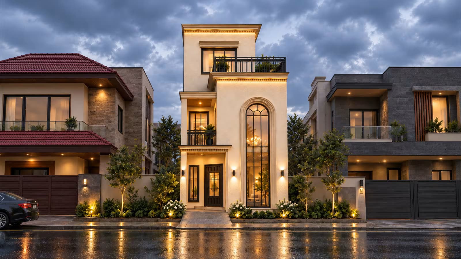 Modern 2.5 marla house design front elevation with arched windows and balconies, 15x40 double storey
