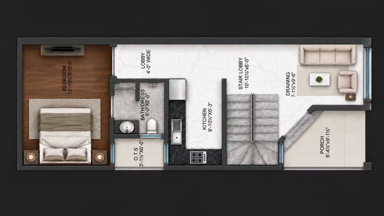 Ground floor house map of a 15x40 2.5 marla double storey home with 1 bedroom, drawing room and kitchen