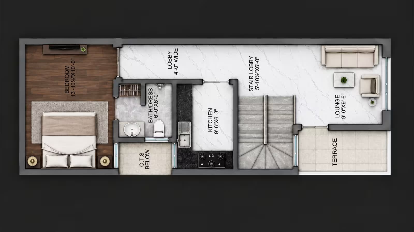 First floor house map of a 15x40 2.5 marla double storey home with 1 bedroom, lounge and kitchen