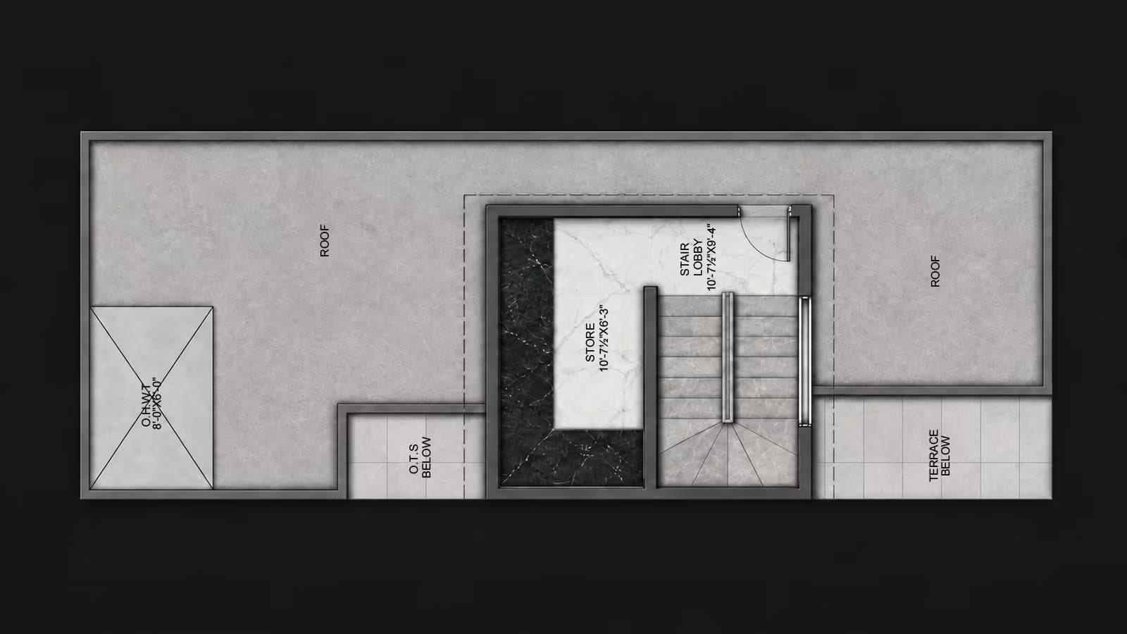 Roof and mumty floor plan of a 2.5 marla double storey house showing storage, staircase and water tank