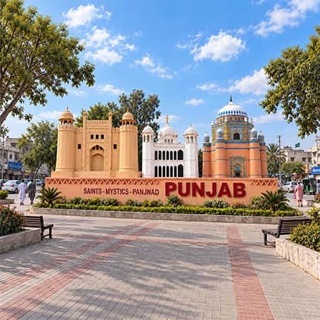 Punjab cultural heritage landmark showcasing historic shrine-inspired architecture, traditional domes, arches, colorful detailing, and landscaped surroundings.