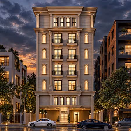 Serene Gulberg luxury apartment building with classical architecture, balconies and warm evening lighting