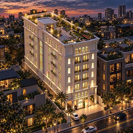 Aerial evening view of Serene Gulberg luxury apartment building featuring classical architecture, rooftop landscaping, balconies, and warm exterior lighting.