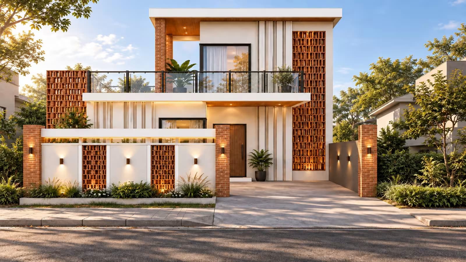 Modern 30x50 single storey house model front elevation with brick jali screen and warm lighting, 1500 sq ft