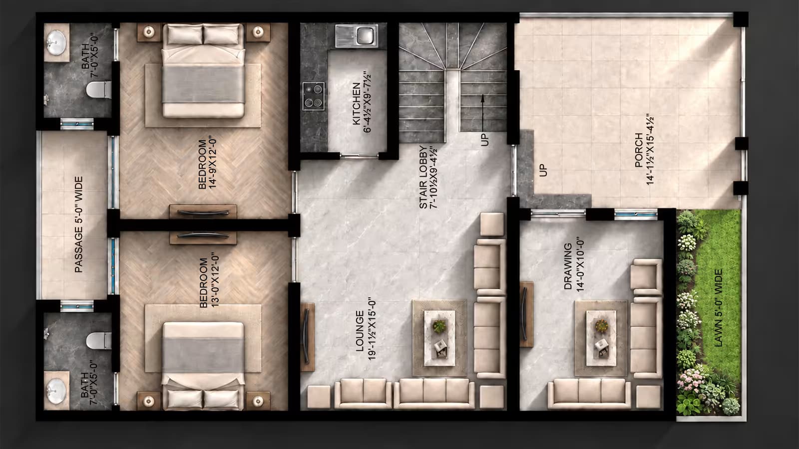 Ground floor house map of a 30x50, 1500 sq ft single storey home with 2 bedrooms, lounge, drawing room and lawn