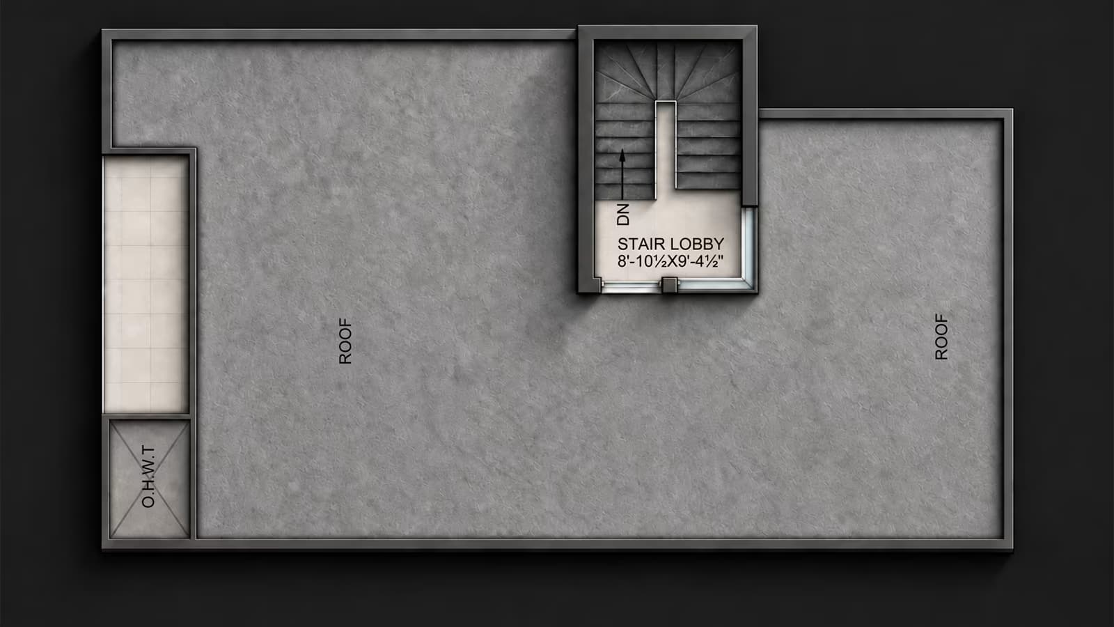 Roof plan of a 30x50 single storey house showing covered stair lobby, water tank and open terrace