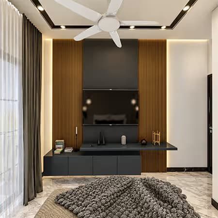 Modern bedroom interior in Serene Gulberg apartment building with wall-mounted TV and wooden slat panels