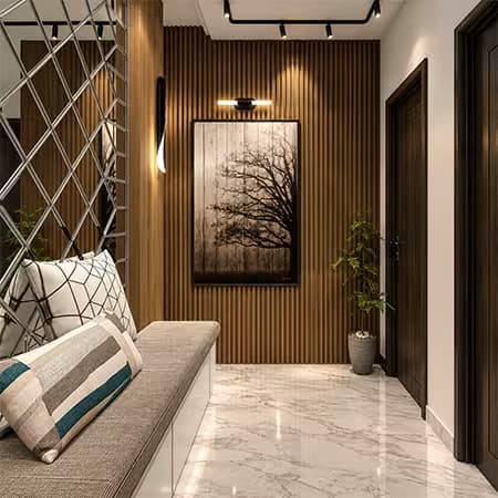 Apartment sitting area at Serene Gulberg with wooden accent wall and mirrored partition
