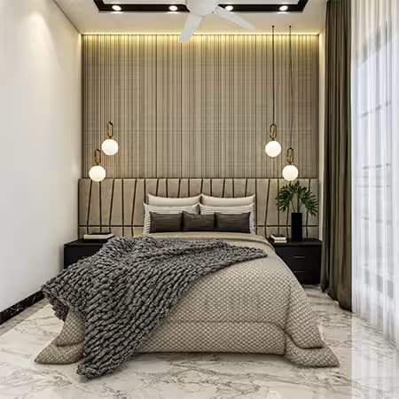 Luxury apartment bedroom at Serene Gulberg with upholstered headboard and pendant lighting