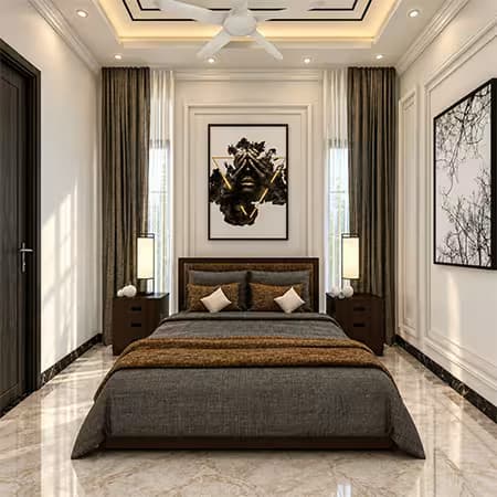 Apartment bedroom in Serene Gulberg with dark upholstered bed and classic wall paneling