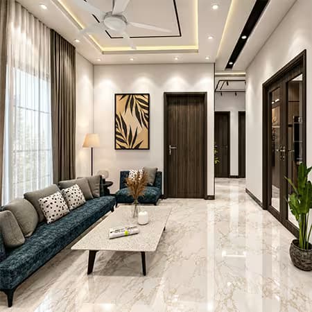 Lounge area in Serene Gulberg apartment building with teal sofa and marble flooring