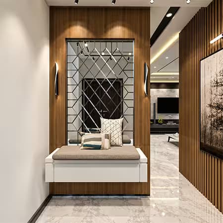 Modern hallway interior featuring a built-in cushioned sitting nook, decorative mirror, warm wooden wall panels, marble flooring, vertical slat feature wall, and contemporary accent lighting.